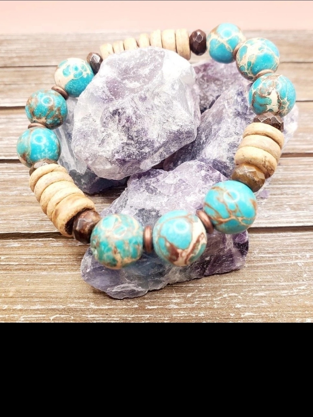 Aqua Imperial Jasper, Coconut Husk and Copper Beaded Bracelet